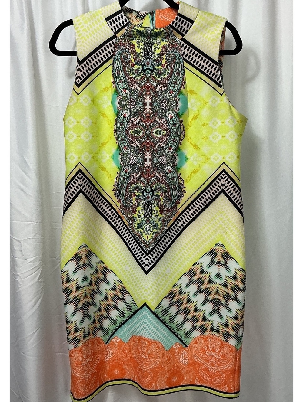 Melissa Paige Sheath Dress Large Neon Paisley Print Sleeveless Mock Neck Zip